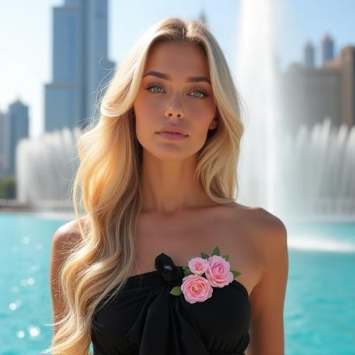 A striking woman poses in front of the Dubai Fountain. She has long, radiant blonde hair styled elegantly. The woman wears a black dress decorated with delicate pink flowers. Behind her, the remarkable background shows the Dubai Fountain with the Burj Khalifa in the distance. The scene has a shallow depth of field, placing emphasis on the woman. Lighting is natural and bright. The image conveys tranquility and elegance in this urban setting.