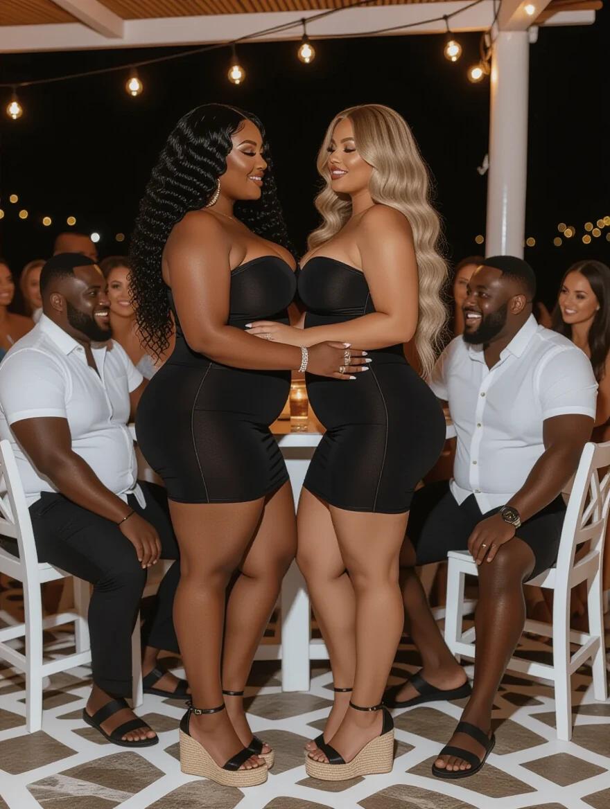 Two women in tight black dresses embrace each other. One woman has long black curly hair and dark skin. The other has long blonde wavy hair and light skin. Both have hourglass figures. Mykonos night club setting with people around. Two fat men seated next to them look shocked.
