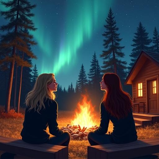 Digital painting of three women sitting around a campfire in a forest at night. Vibrant Northern Lights in blue and green. Tall dark trees with orange and yellow autumn foliage in the background. Cozy wooden cabin with warm glowing windows.