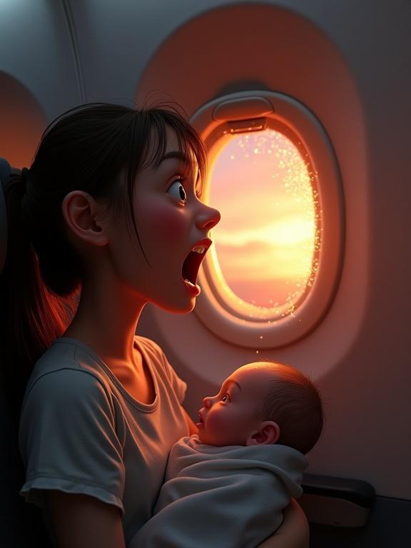 A mother holds her swaddled baby in an airplane. Sunset outside the window creates a warm glow. The atmosphere suggests a sense of urgency or drama. The scene captures the emotional connection between mother and child during travel.