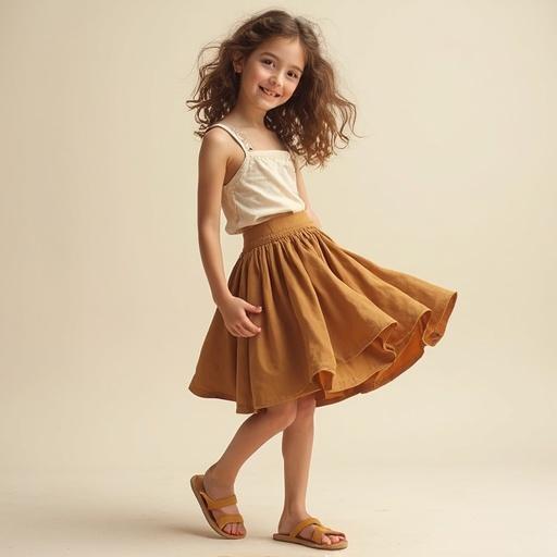young girl wearing a skirt standing in a studio setting