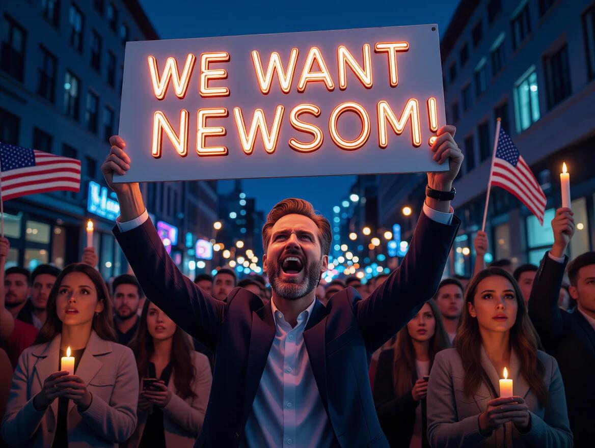 Ultra-realistic 3D photo depicting a crowd shouting for Newsom at night. People hold candles and flags. Bright city lights create an epic atmosphere.