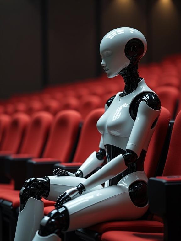 Faceless female android robot sits in theatre with legs crossed in side profile