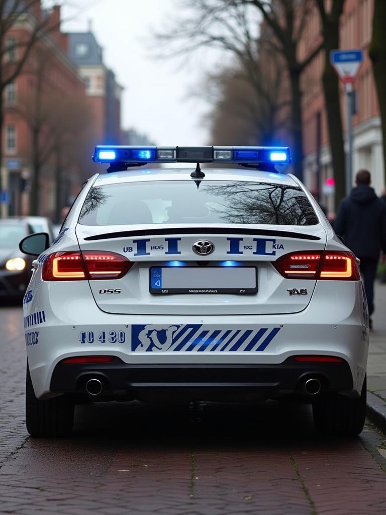 Show the back and front view of a Dutch police identification car. The vehicle displays blue and white markings. Emergency lights are illuminated. A city street serves as the backdrop.