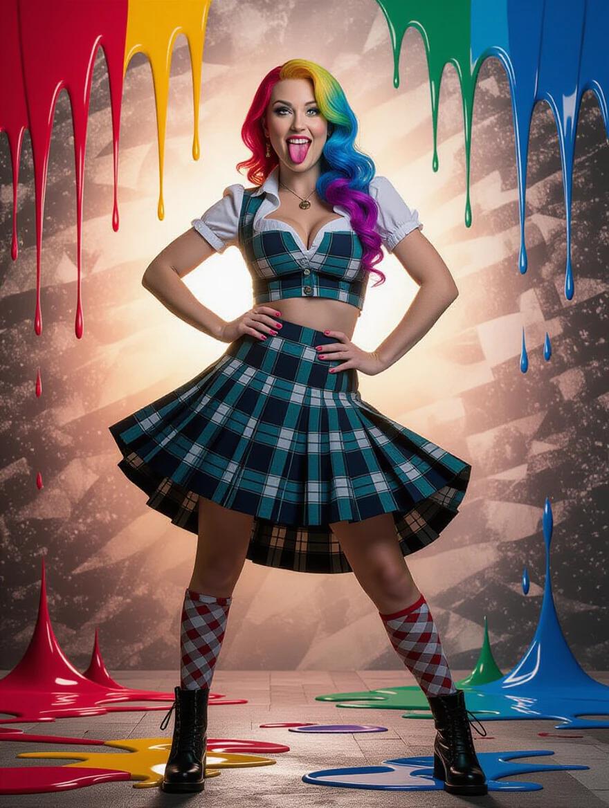 A full-length portrait of a colorful character in a pleated Scottish skirt. Vibrant multicolor hair flows over shoulders. Dynamic lighting creates a dramatic background with paint drips. The character poses confidently with a playful expression. The outfit features a plaid pattern and knee-high socks. The overall style reflects fantasy realism with detailed textures and bright colors.