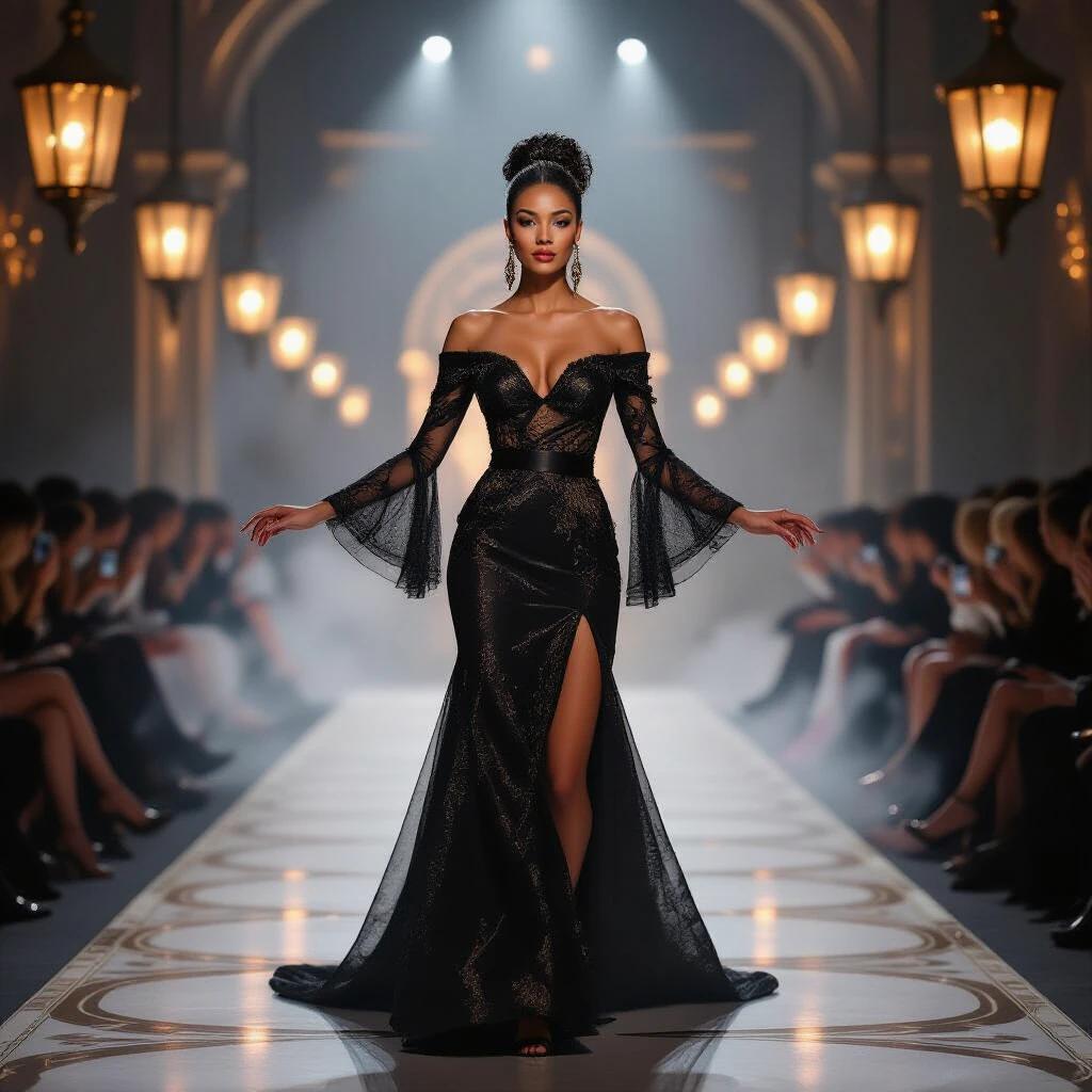 A majestic woman stands confidently on a luxurious fantasy runway. She faces forward in a regal pose with arms extended to her sides. She maintains a powerful and elegant expression. The runway features soft mist and vintage hanging lanterns. Silhouettes of an audience are blurred in the background. The atmosphere blends baroque elegance and steampunk fantasy.