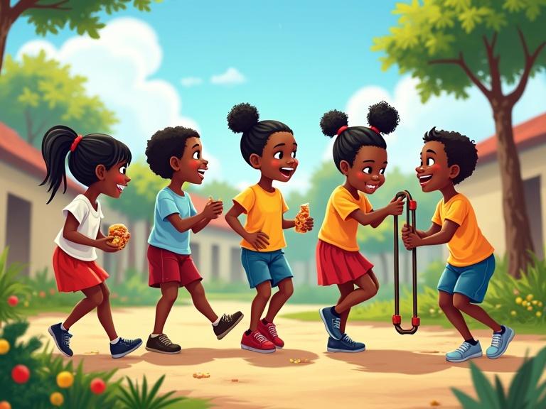 Illustration of a Nigerian school playground during break time. Diverse group of children enjoy various activities. One child shares a snack. Another child waits patiently on a swing. Two children resolve a dispute peacefully. Another child is happy while playing. Bright colors and dynamic poses create a positive atmosphere. Highlights positive character traits in children’s interactions.