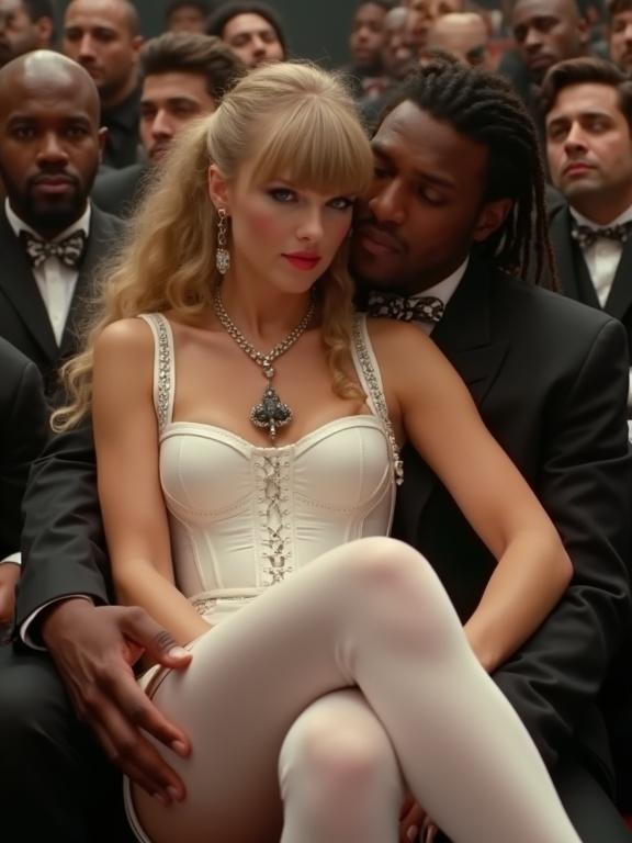 Couple at an awards show. Woman with long blonde twintails and blue eyes. Stylish white corset and thigh-high stockings. Man holding her in his arms is older and black. Full body shot with others in crowd.