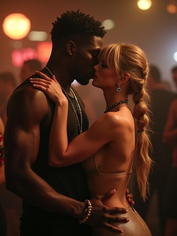 An intimate embrace in a nightclub setting featuring a male and female couple. The male is tall and muscular with dark skin. The female has long blonde hair styled in twintails. They share a passionate moment while surrounded by a dimly lit atmosphere filled with colorful lights.