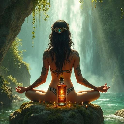 Tribal goddess with tattoos and flowing robes. She meditates in hidden grotto surrounded by glowing crystals and lush vegetation. Waterfall cascades in the background. Apothecary-style bottle 'ALFRUNO' elixir on mossy stone glows golden-reddish. Scene bathed in soft light with color palette of greens, blues, and golds. Artwork in watercolor style reminiscent of Alphonse Mucha and WLOP.