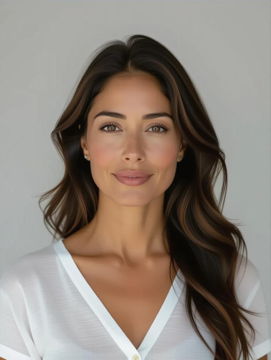 A realistic image of a 40-year-old Mexican woman with light skin and dark hair. She has expressive hazel eyes. Facial features are soft yet defined with full lips and a straight nose. Naturally arched eyebrows. Posture is upright and relaxed. Facing forward in a neutral stance.