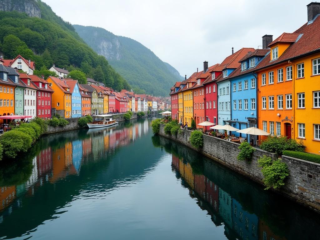 Colorful Alesund, Norway. This breathtaking view captures the vibrant aesthetic of Alesund, a charming seaport in Norway. The scene features a delightful array of buildings, adorned in various bright colors, reflecting the unique Jugendstil architecture that the city is renowned for. The buildings are beautifully mirrored in the calm waters of the river, creating a picturesque and serene atmosphere. Lush greenery peeks out between the structures, adding to the idyllic charm of the area. This stunning perspective highlights both the architecture and the natural beauty that Alesund has to offer.