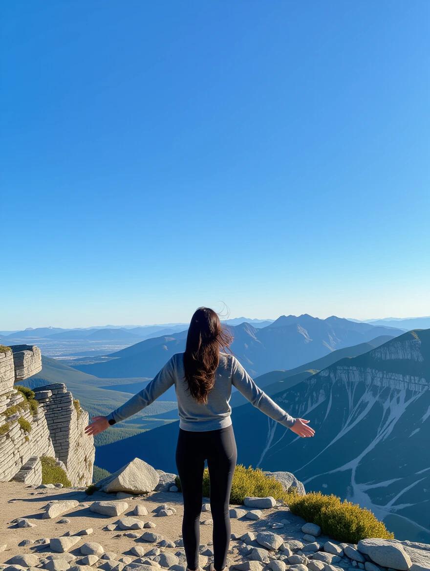 A person stands on a mountain trail. Arms are slightly open feeling the wind. The sky appears vast and clear. Mountains stretch in the background.