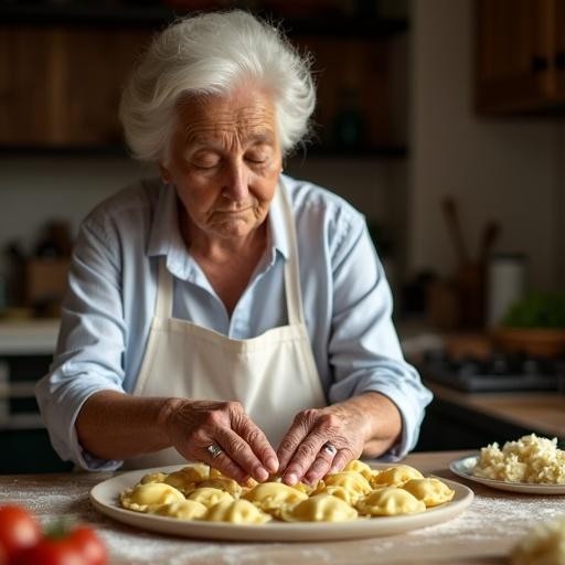 Food photography of an Italian Mama making ravioli at an oak kitchen table. Cinematic lighting emphasizes details and composition. Capturing the Italian lifestyle in a realistic and clear photo with fine craftsmanship of hands.
