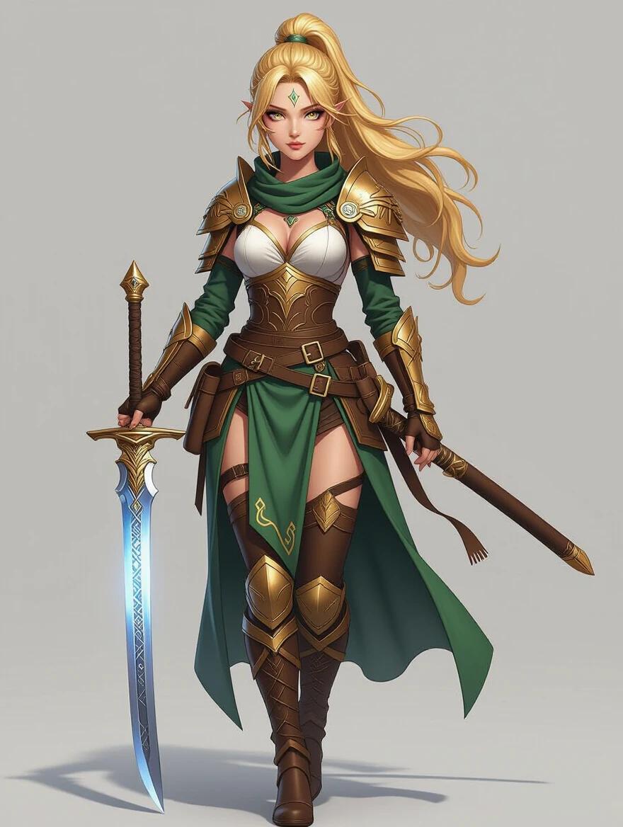 Character design of a female warrior. Long golden hair styled up. Wearing green garments with gold armor accents. Holding a shiny katana with elemental features. Elegant pose showing confidence and strength. Digital 3D art style.
