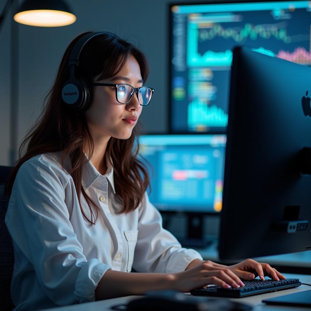 A young woman works on an iMac in a modern office. She is engaged in data analysis. Multiple computer screens display analytics data. The workspace is tech-oriented and organized.