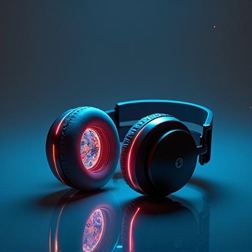 Wireless headphones lying open with ear cushions reflecting holograms. Holograms depict distorted memories or avatars. Digital scenes layered inside cushions. Illusions visible in curve reflections. Soft cyberpunk lighting enhances mood.