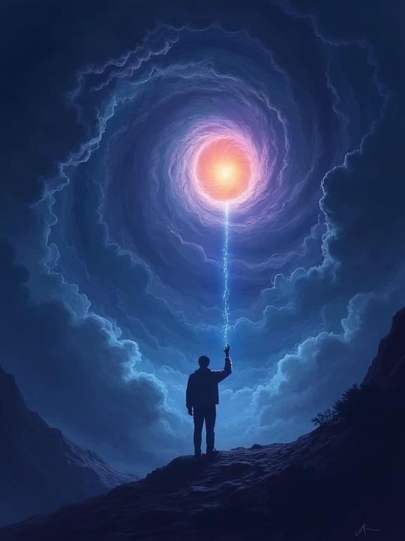 Silhouette of a person reaching towards a warm orange light above. The figure stands at the bottom of a vortex rendered in deep blue and purple tones. Image evokes a sense of despair transitioning to hope. Digitally painted for a symbolic and poetic effect.