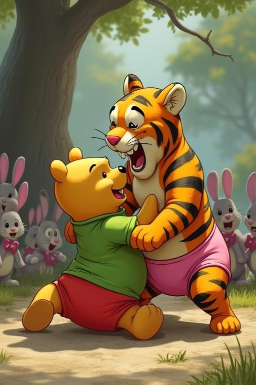 Winnie the Pooh and Tigger compete in a playful wrestling match. Pooh wears a green leotard; Tigger wears pink knickers. Pooh has pinned Tigger down. Background includes trees and many rabbits watching. Both characters display fierce expressions.