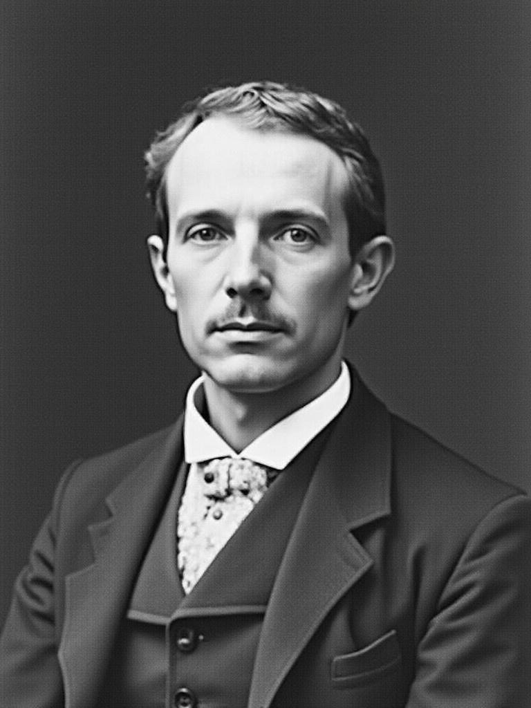 Portrait of a 19th-century gentleman in formal attire. The subject wears a suit with a decorative tie. The image has a classic black and white aesthetic typical of the period.