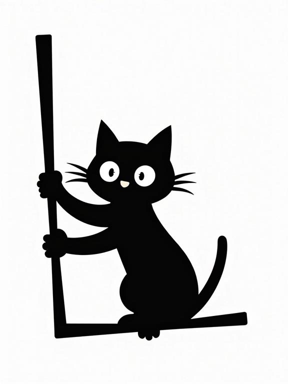Black silhouette of a hand-drawn cat hanging from the corner of a tilted picture frame. The cat’s eyes are wide. Claws slightly digging into the frame. Transparent background. Bold minimalist style. Works on white and black backgrounds.