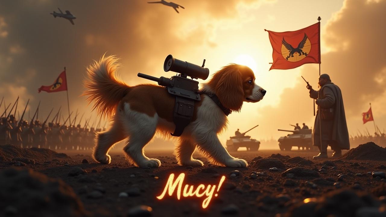 In a dramatic and awe-inspiring scene, a fluffy brown and white cavalier king charles spaniel walks across a dark, desolate battlefield. There is a small cannon strapped to its back. Nearby, a figure wearing a cloak stands valiantly holding a flag with a dog emblem. In the background are a multitude of small soldiers holding rifles as well as tanks, barely visible among the shadows. The sky is lit by the bright radiance of the sun. A jet fighter passes overhead. At the bottom, we see the text 'Mucy' boldly displayed, in fiery writing.