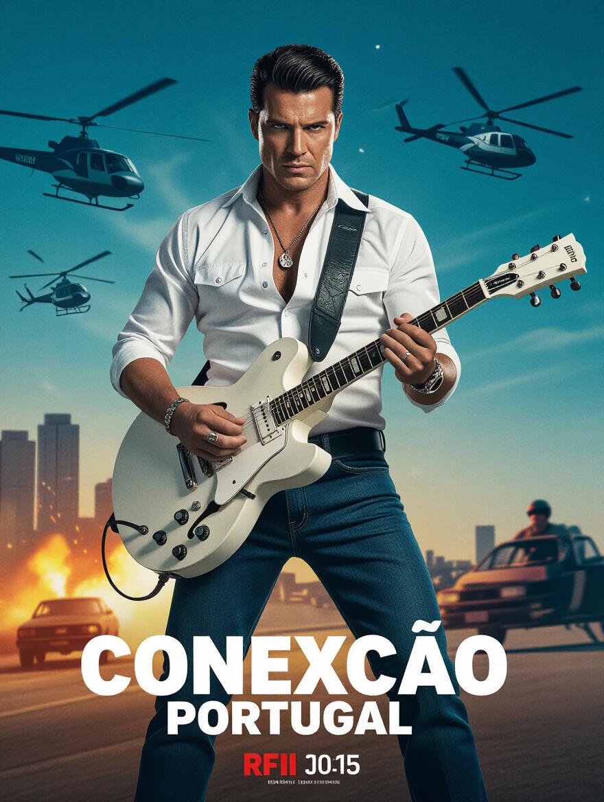 A vibrant 80s action movie poster. The character wears a white shirt and jeans. He holds a white electric guitar. Helicopters fly in the background. The text reads 'Conexão Portugal'.