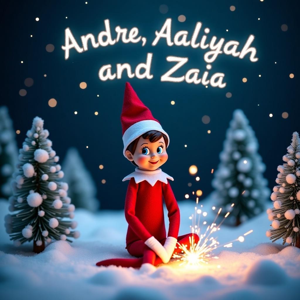 An Elf on the Shelf in a snowy nighttime landscape. The elf is in red and white attire with a sparkler. The sky features the names 'Andre, Aaliyah and Zaia'. Snow-covered evergreen trees surround the scene. The lighting is soft and magical.