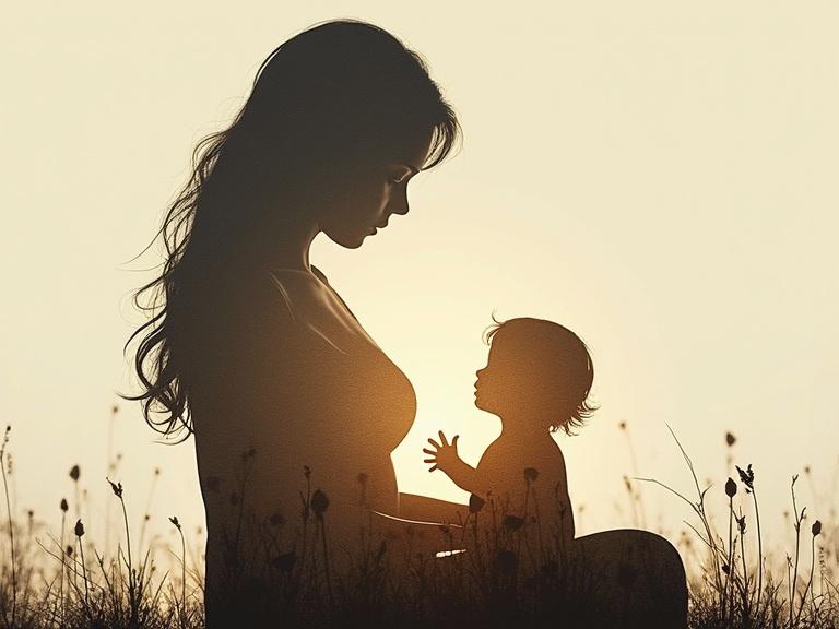 A silhouette of a mother and a child is shown. The image employs a double-exposure technique. The background features a soft golden light. The details in the silhouette are rich with texture. Capturing the essence of motherhood and the bond between them.