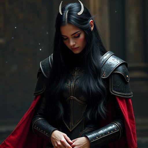 Beautiful young woman with long black hair in gothic armor. She wears a crescent moon crown, stands nervously, shoulders shrugged. Head bowed, eyes down, fingers fidgeting. Soft porcelain skin, faint blush, shy smile. Magical particles in dark throne room, softly lit by moonlight. Hyper-realistic details and body language.