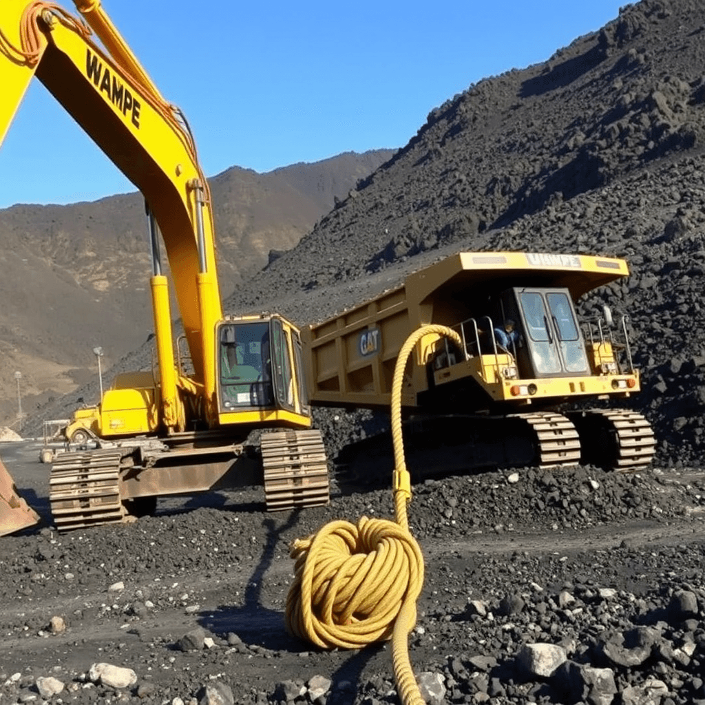 Two large yellow excavators, labeled 'WAMPE' and 'CAT,' are parked on a rocky terrain against a backdrop of rugged dark hills, with a thick yellow rope coiled prominently in the foreground.