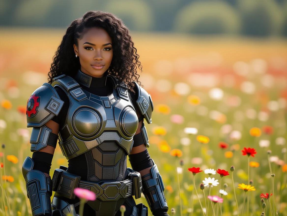 A beautiful black woman dressed in Gears of War armor stands in a colorful field of flowers. The scene captures her confidence and strength against a floral backdrop.