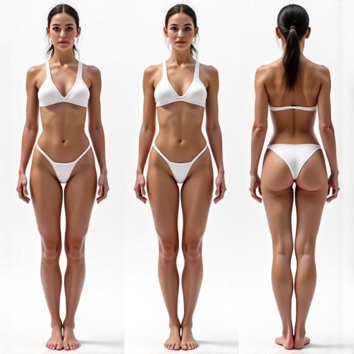 Athletic female model in white monokini. Displays 360-degree view showing various positions. Svelte and toned physique with natural posture. Full-body styling in soft lighting.