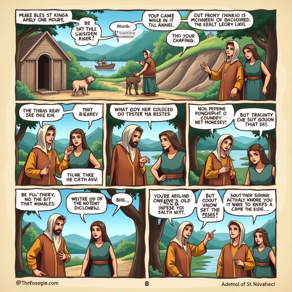 Comic depicting the legend of St. Kinga with characters engaging in dialogue. Rural setting with mountains in background. Humorously illustrates the story elements. Shows traditional attire and interactions reflecting the lore.