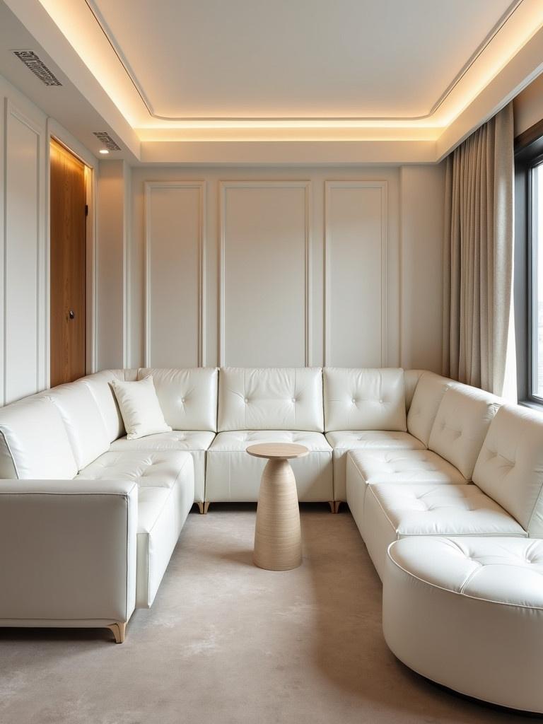 A VIP area showcases a stylish arrangement of white leather furniture. A cozy sectional sofa is the central piece. A minimalist side table complements the seating. Soft ambient lighting creates an inviting atmosphere. Elegant curtains frame the large window.