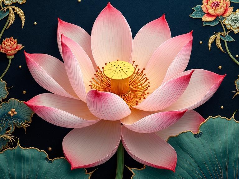 Gorgeous lotus flower on Chinese silk embroidery. Intricate and detailed brocade. Showcases delicate textures and elaborate designs. Stunning floral artwork.