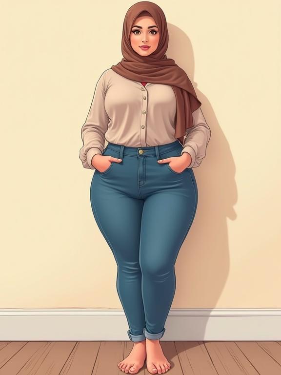 Illustration of a curvy woman in hijab. She wears tight blue jeans and a blouse. Her pose is confident with hands in pockets. She stands against a wall.