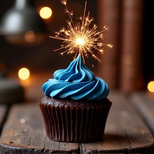 Close-up image of a chocolate cupcake. The cupcake features deep blue buttercream frosting. A single sparkler is lit on top of the cupcake. Surrounding are elements like a leather-bound book and a vintage desk lamp. The background has warm string lights. Focus on the sparkler glow and frosting texture.