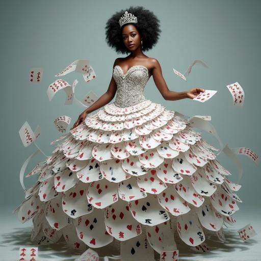 Digital photograph features African-American woman wearing ball gown of playing cards with spiral swirls. She stands confidently in soft teal-gray background. Gown has floral embellishments and silver crown. Cards float around her. Magical atmosphere created by motion.