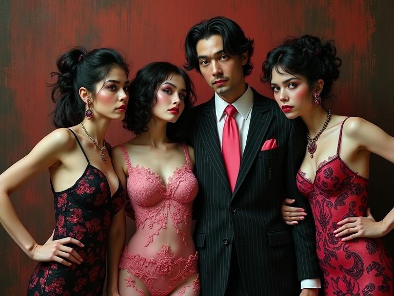 Surreal erotic portrait of a vampire family dressed in eccentric lingerie. Features tones of pink and black with intricate clothing patterns. Includes a pin-striped suit and paisley details. Background of brown and red tones. Inspired by the Harlem Renaissance and artists like Kandinsky and Klimt.