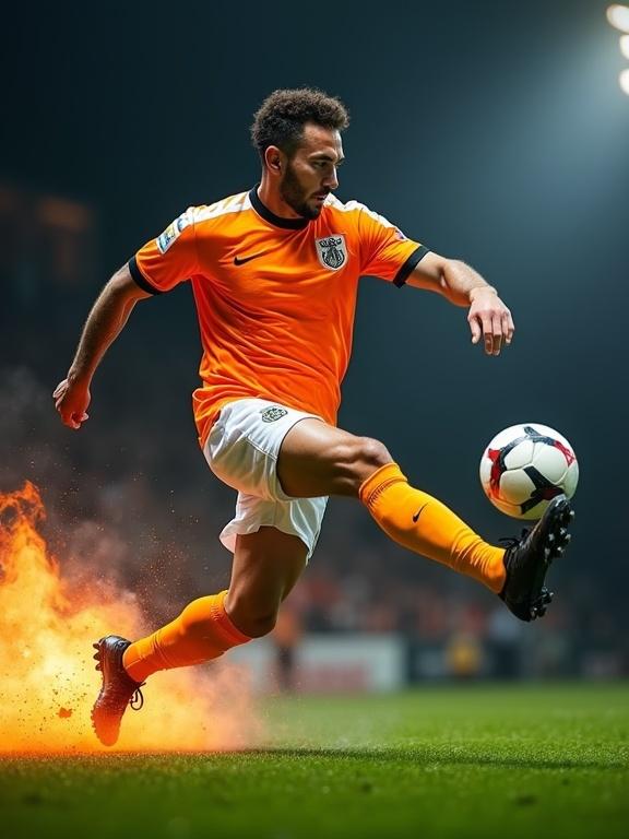 Photograph shows muscular male soccer player in mid-kick. Player wears an orange and white uniform. The intense expression highlights athleticism. Short curly hair and black cleats complete the look. Yellow socks enhance the outfit. Green grass field contrasts the dramatic lighting. Fire and smoke effects add a dynamic atmosphere. Dark background emphasizes movement. Realistic style captures the energy.