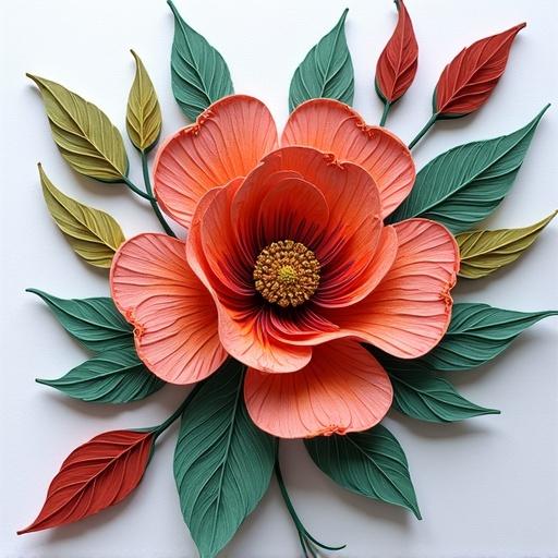 Three large orange flowers with green leaves and smaller red and yellow leaves. Arranged in a decorative composition that emphasizes layers and textures.