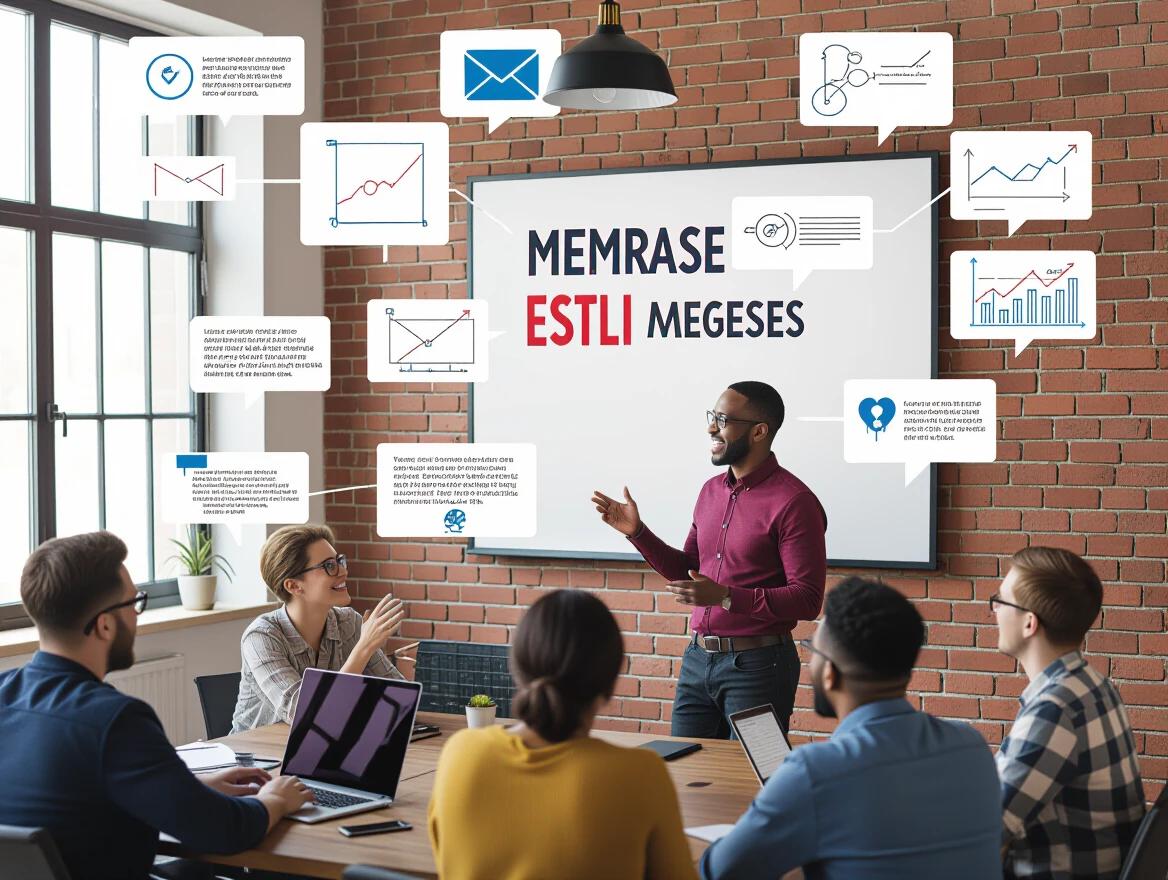 A group of people engaged in a business meeting. The environment has a modern design with a brick wall. A person is presenting in front of a screen displaying various data visuals. The audience is attentive and seated. The presenter uses gestures while explaining concepts. Discussion points are illustrated on visual elements around the presenter.