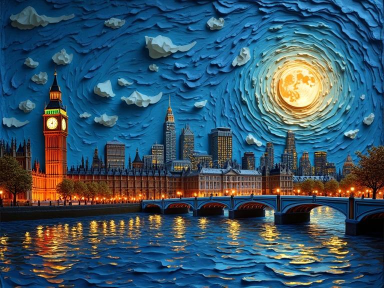 3D origami paper craft depicting London skyline at night. Full moon over textured buildings. City lights reflecting in the Thames river. Vibrant colors with thick layers of paper. Panoramic view with dramatic hues. Art reminiscent of Van Gogh.
