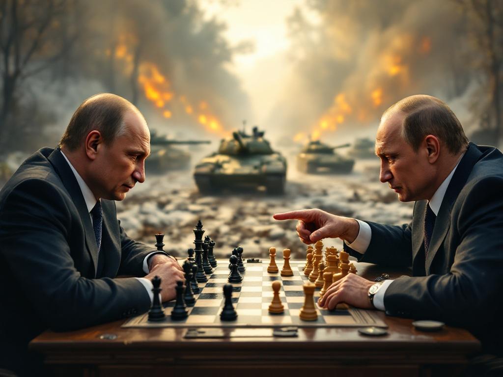 Two leaders engaged in a chess match with multiple boards. War tanks and flames create a tense backdrop. Figures appear serious and strategic.