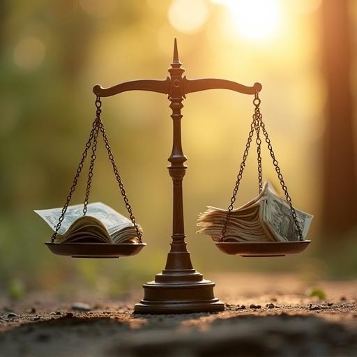 A scale balances money and personal happiness. Soft lighting surrounds the scene. The scale is centered with cash on each side. The background has a warm, natural light effect. The environment feels tranquil and reflective.