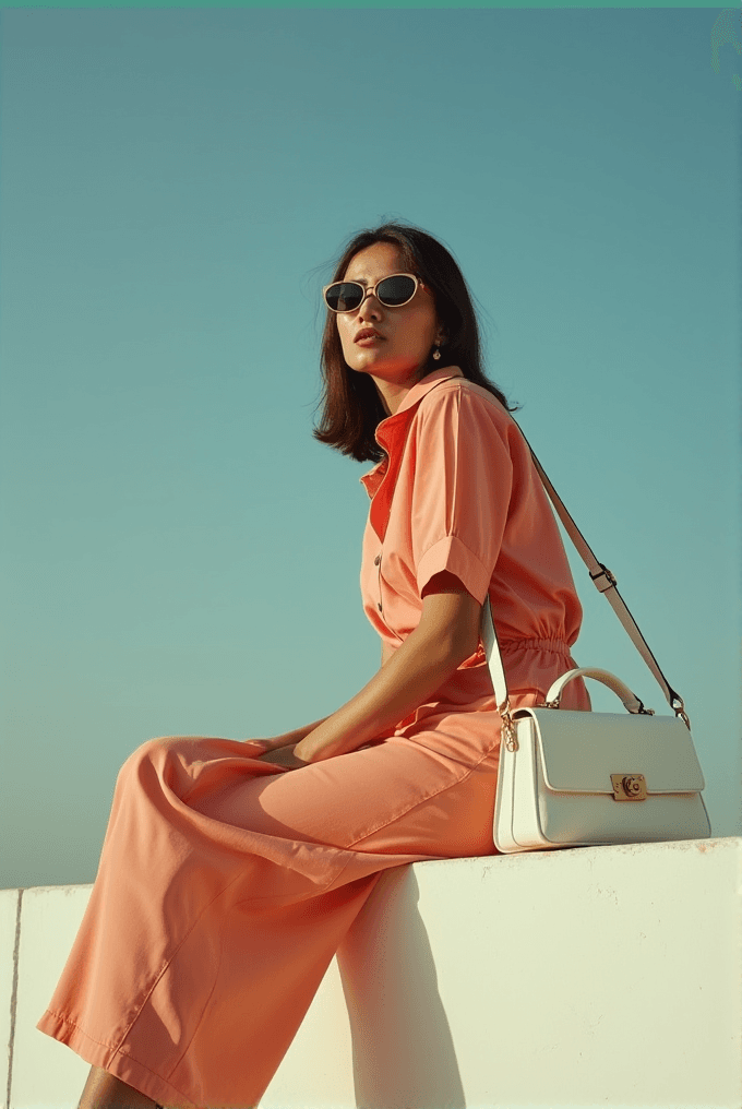 A woman in sunglasses and an orange outfit sits stylishly under a clear blue sky, carrying a chic white handbag.