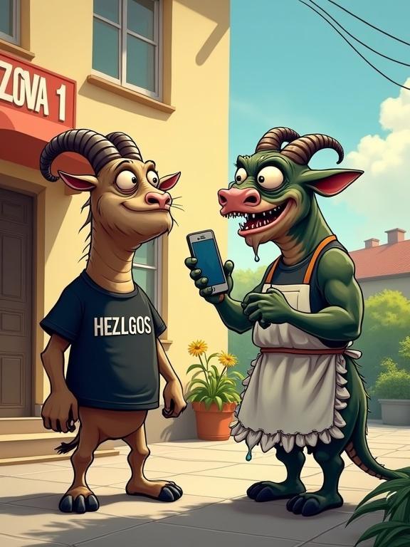A colorful cartoon scene in front of an apartment building displaying a sign 'RUZOVA 1'. A smug goat in a black T-shirt labeled 'HELGOS' stands laughing while showing a mobile phone to a grotesque dragon. The dragon, wearing a frilly apron, looks furious with bulging eyes and dripping slime. The goat appears casual with a smirk. The setting is sunny and vibrant in an exaggerated cartoon style.