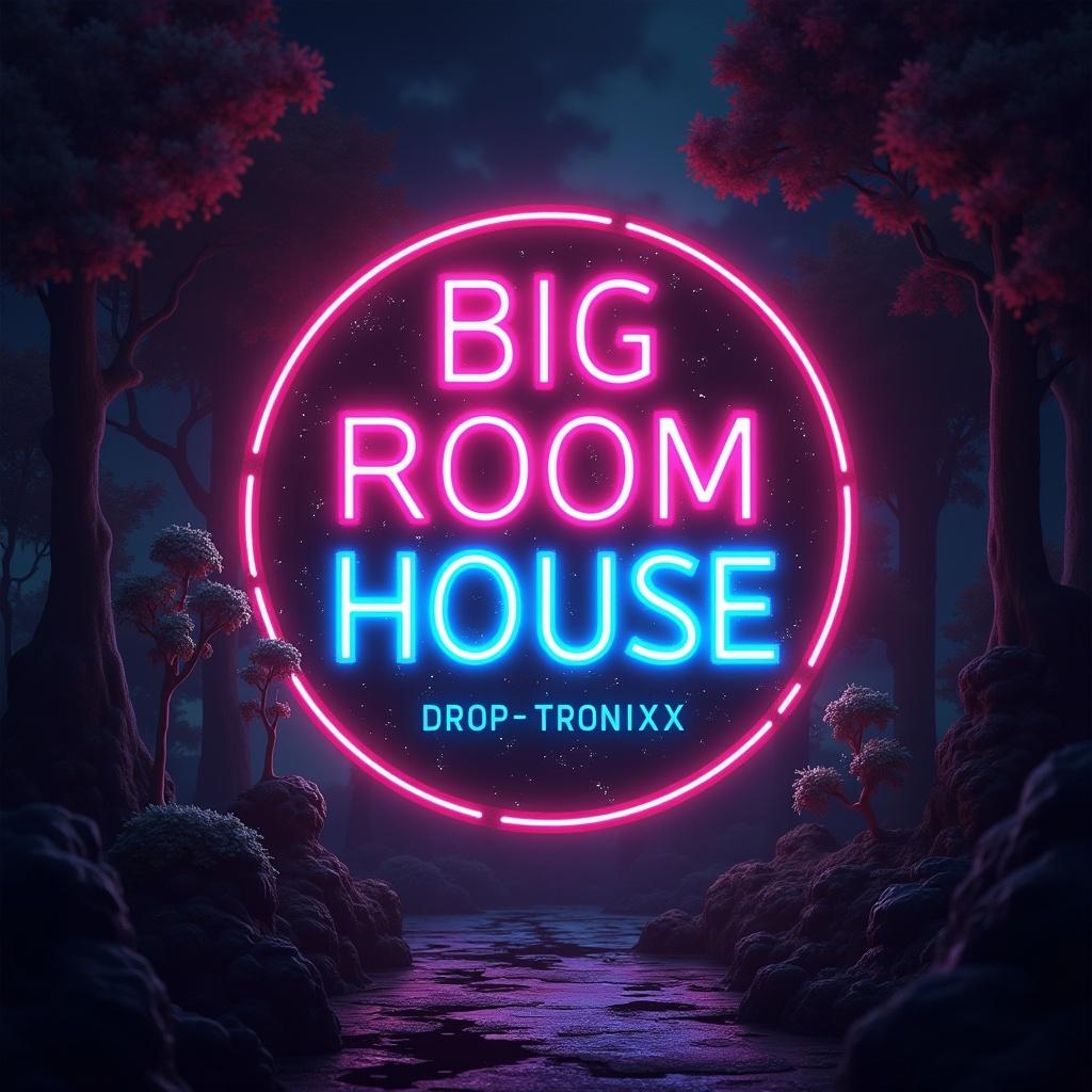 Dark scene with neon art on music album cover. Text says Big Room House DJ Droptronixx.