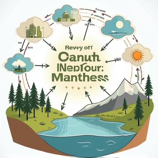 Mind map illustrating the carbon cycle. Features elements like trees, clouds, a river, and sun. Represents movement and interactions in nature.